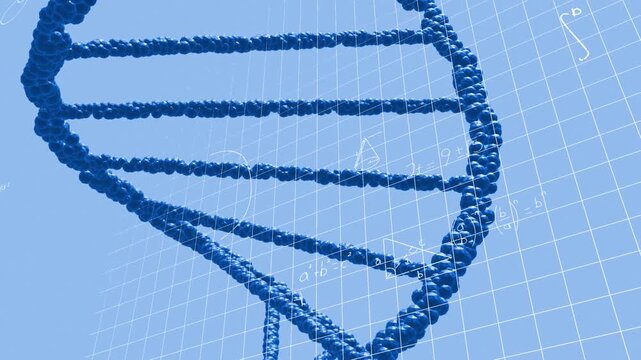 Camera pulling back revealing 3D DNA helix rotating while equations and grid overlay showing form