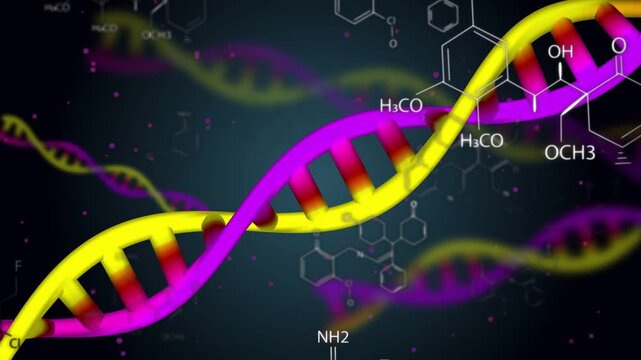 Edge strands emerging twining inward into rotating yellow-magenta helix showing molecular structure