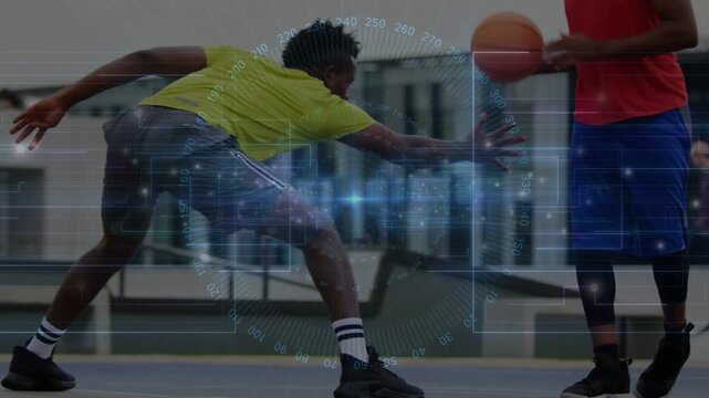 Player dribbling ball to attack rim causing defender lunging to steal HUD overlay showing footwork