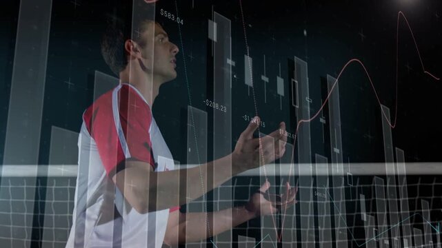 #14 soccer player tracking incoming ball, preparing to head ball while financial graphs overlaying