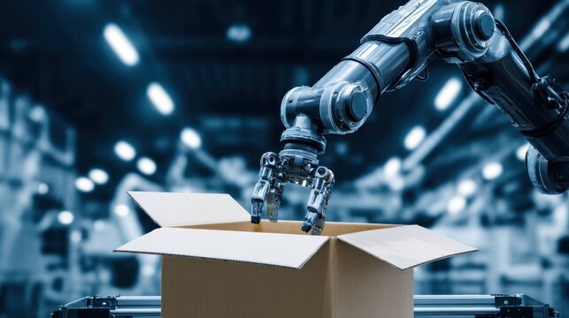 Robot arm with mechanical gripper picking up cardboard box in factory for automation, packaging, manufacturing, and industrial production process with technology and machinery.
