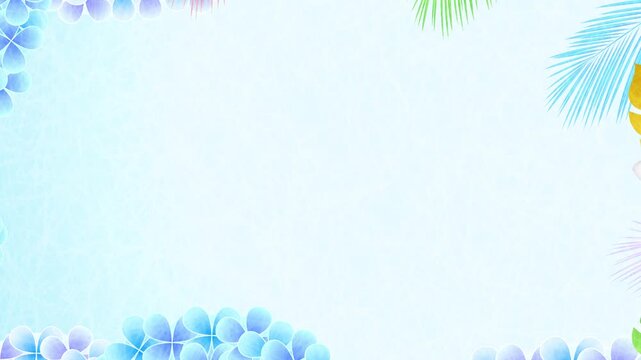 Refreshing Blue Summer Background with Tropical Leaves and Hydrangea Flowers