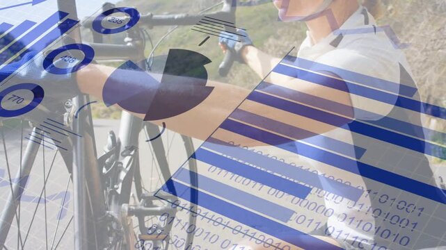 Female cyclist adjusting grip, steadying bike as sports charts overlaying bars, preparing to ride