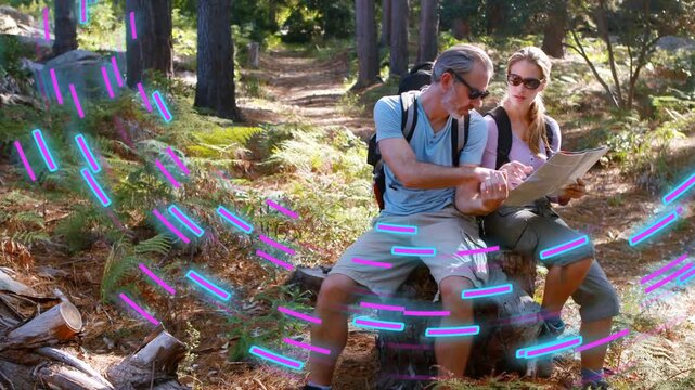 Man checking wrist, pointing; woman consulting map on stump near trail, neon streaks guiding travel