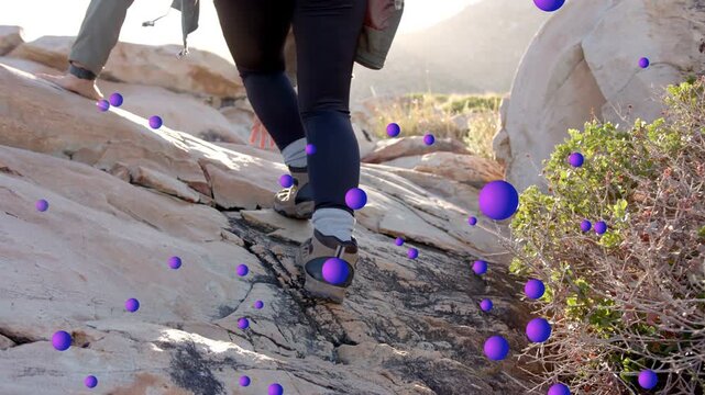 Female hiker stepping rock ledge shifting and sparking purple tech particles guiding ascent to sun