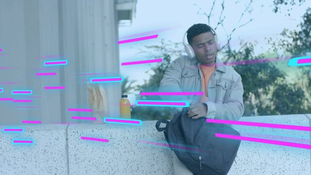 Student reaching backpack before class while fixing headset, magenta or cyan streaks sweeping over h
