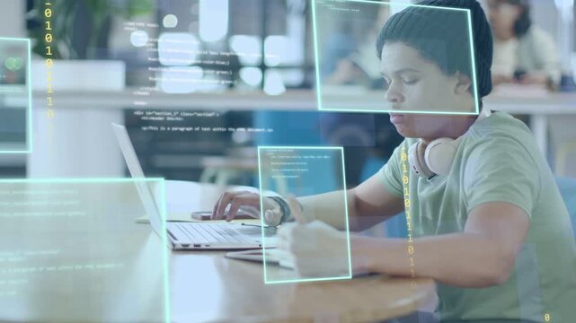 Male dev touching trackpad typing, noting and checking phone as UI code overlays aiding debugging