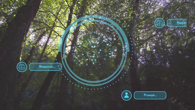 On prompt cyan hologram rising above canopy, pulsing, rotating arc, sliding badges, showing flow