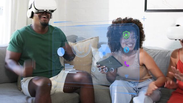 Center woman tapping tablet guiding headset users reaching for hologram HUD while testing tech demo