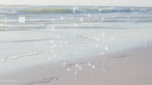 Incoming waves wetting footprints while faint UI particles spinning and dispersing, mapping data