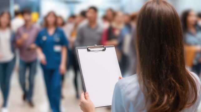Female doctor with long brown hair wearing a white lab coat holding an empty clipboard while speaking to a large group of diverse people in a conference setting