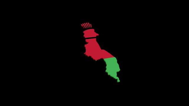 Malawi Geographic Map Animation Filled with National Flag, Alpha Channel Included