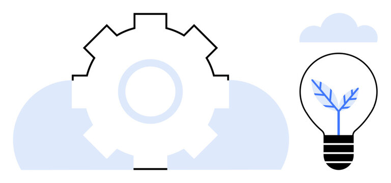 Innovation, technology, sustainability, eco-friendly energy, renewable resources, creativity. A gear, lightbulb with branches and clouds. Innovation and technology progress and environmental