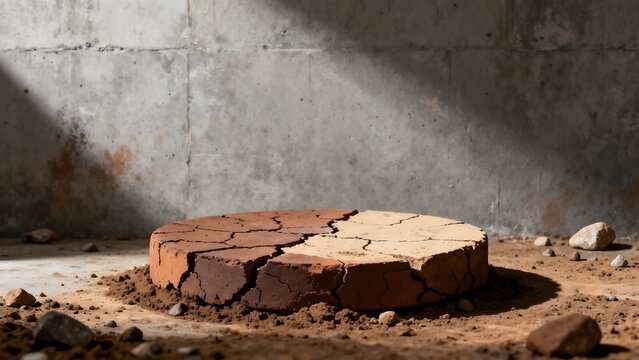 Cracked Earth Podium in Dark Industrial Setting