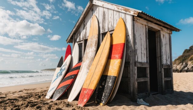 Rustic surfboard hut exterior with peeling paint foreground boards sharply focused out of focus beach and gentle surf rolling in behind.