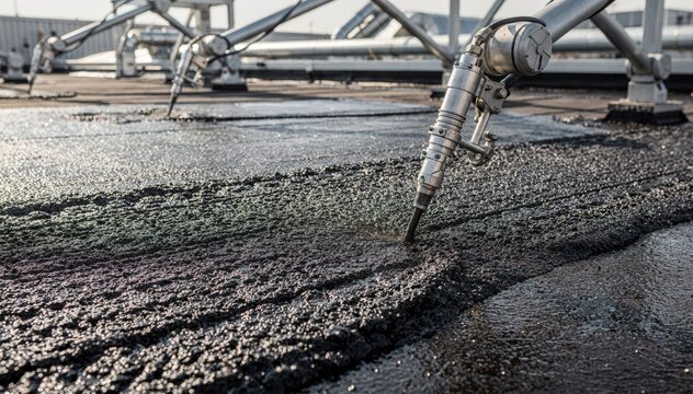 Textured asphalt roof coating being applied by robotic sprayers emphasizing the rough surface pattern and improved traction on roofing materials in an industrial setup.