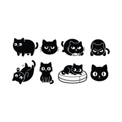 Black cats are illustrated in various poses and expressions. © chiriku