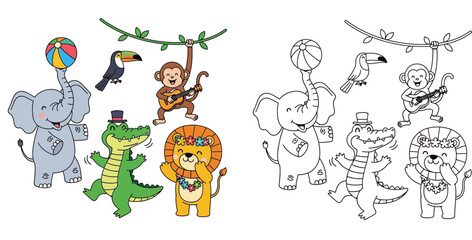 Obraz premium Jungle Animal Party: Elephant, Alligator, Lion, Monkey, Toucan Fun - Coloring Book & Colored