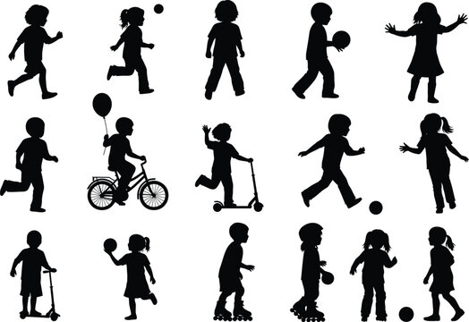 Silhouettes of children playing and engaging in various activities with white background flat design children childhood silhouette activity movement recreation energetic learning collection