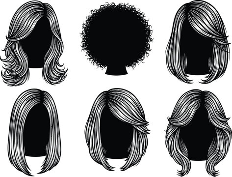 Set of six stylized black and white hairstyles silhouettes with wavy hair curly hair bob cut long hair short hair beauty salon graphic design hairstyles silhouettes stylized illustration