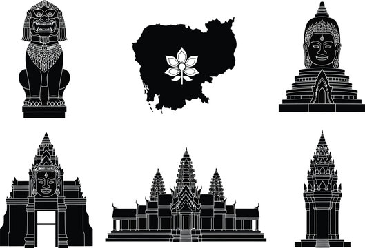 Cambodia landmarks and map silhouette collection with angkor wat black and white cambodia silhouette architecture landmark building historical monument government national illustration