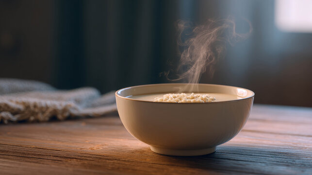 Steaming hot oatmeal in a ceramic bowl, placed on a wooden table, creates a cozy and inviting atmosphere