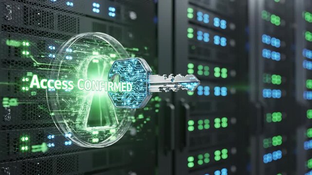 A futuristic key with a blue circuit board head and a glowing green outline of a keyhole superimposed on a dark server room background with rows of green and blue-lit computer servers