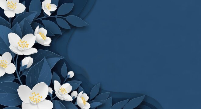 Paper cutout jasmine flowers with white petals and yellow centers on a dark navy blue background, layered botanical floral arrangement with copy space