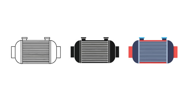 Automotive intercooler or heat exchanger vector illustration with outline silhouette and colorful flat design versions presented as a graphic symbol.