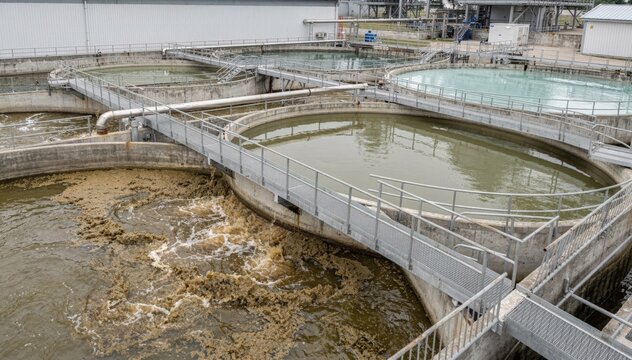Medium shot of industrial settling tanks in a watersaving closedloop system recovering process water from paper production showcasing sedimentation and clarification stages.