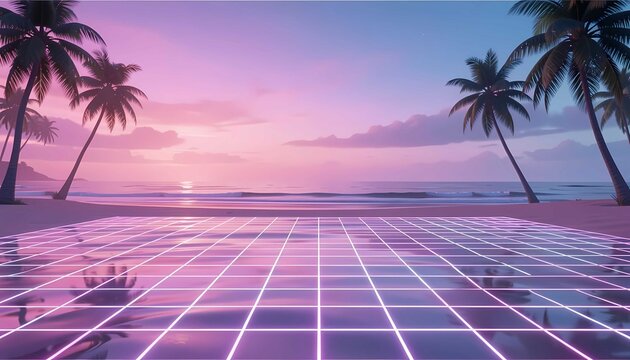 Elegant 3D seascape featuring palm silhouettes and vibrant sunset gradient