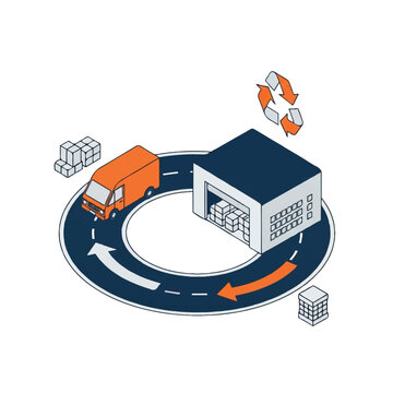 A clean isometric illustration of a delivery van driving on a circular road that loops back to a central warehouse, with arrows indicating the return and reuse of goods. Minimalist composition