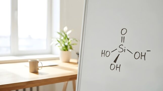 Silicon based chemical formula structure with hydroxyl groups on whiteboard in bright office