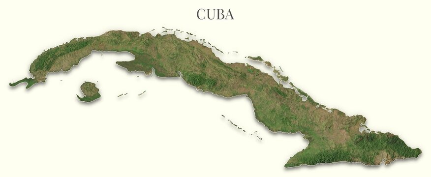 Cuba terrain map. Raster relief illustration of Republic of Cuba. Hillshaded physical map. Elements of this image derived from NASA imagery and SRTM dataset.