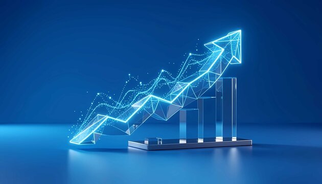 Digital investment ecosystem featuring geometric graph arrow and global market energy