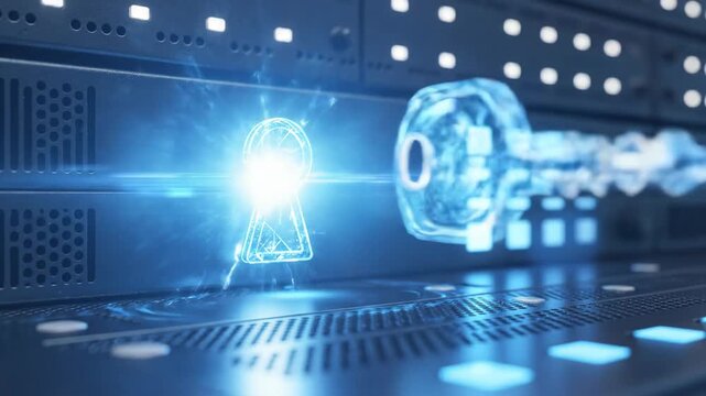 A glowing blue key hovers above a server's control panel with buttons and vents