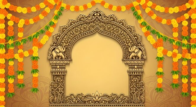 Ornate Gold Indian Temple Archway with Marigold Flower Garlands Decoration