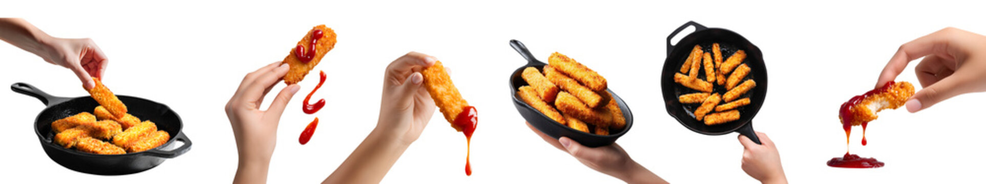Set of hand holding golden orange fish fingers sticks, crispy battered crust with fish fillet meat, with ketchup drip, skillet frying pan, pile group bitten broken, transparent cutout PNG Mockup