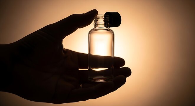 Hand Holding Small Empty Glass Vial Silhouette Against Warm Backlit Background