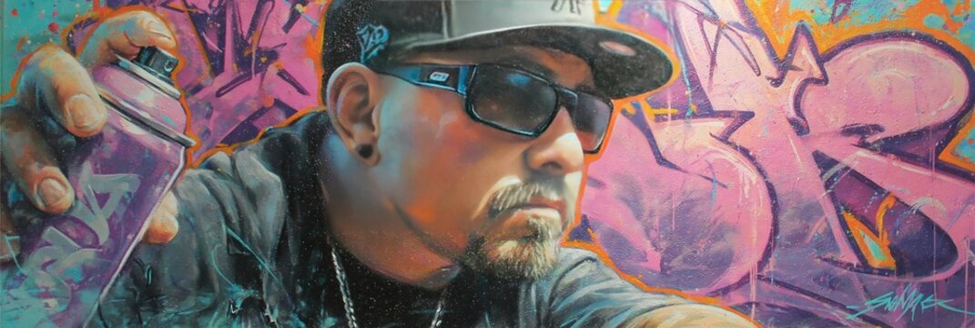 graffiti artist posing next to spraypainted graffiti mural 