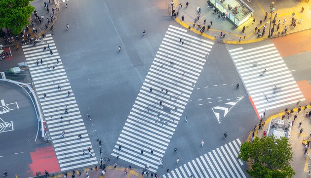 Aerial view of a dense urban crowd at a busy city intersection, top-down, abstract patterns of movement, capturing dynamic metropolitan life