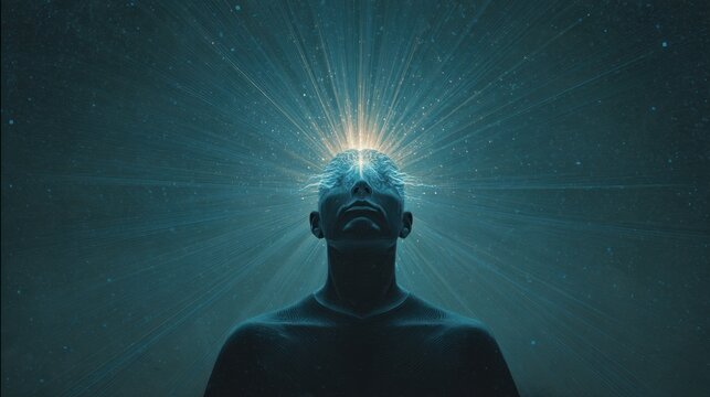 Man with a glowing, illuminated brain surrounded by radiant light rays, representing enlightened thinking and mental power, in a dark, atmospheric setting