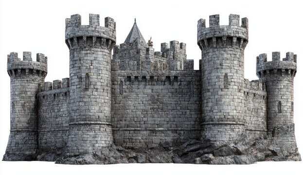 Medieval stone castle fortress with tall circular towers and battlements