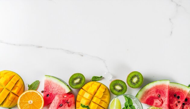A vibrant flat lay composition of sliced tropical fruits, including mango, watermelon, and kiwi, beautifully arranged on a white marble surface, perfect for a healthy lifestyle or culinary theme