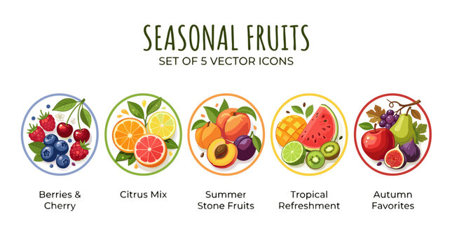 Seasonal fruits set of 5 vector icons including berries, citrus, stone fruits, tropical and autumn favorites