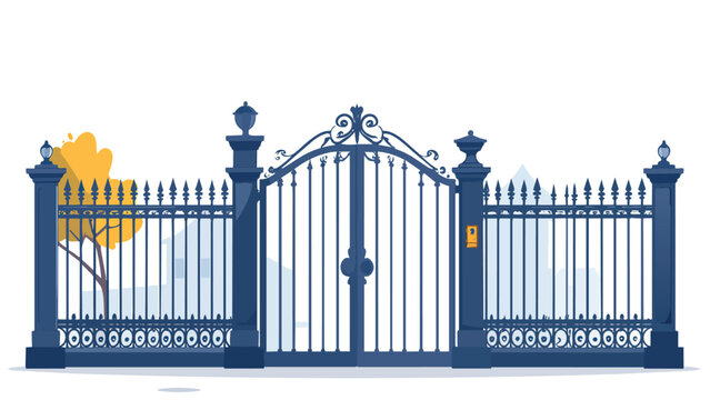 📝 CAPTION:

Ornamental iron gate with fence and tree, flat design vector illustration