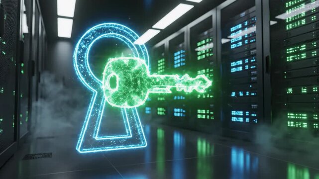 A glowing blue keyhole-shaped key floats in a dark server room with green-lit computer racks