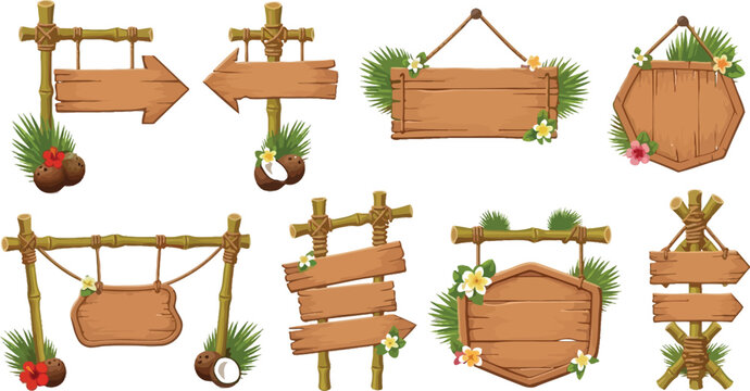 Rustic wooden directional signs and planters set Vector