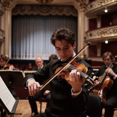 Fototapeta premium Noir Orchestra Elegant. A Close-Up Shot Of A Violinist Playing In A Classic Theatre During A Music Concert