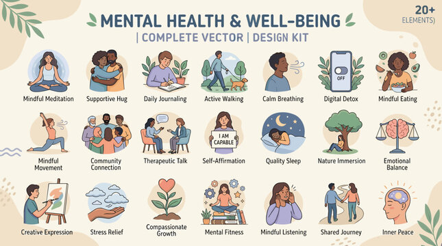 Mental health and wellbeing complete vector design kit with various illustrations
